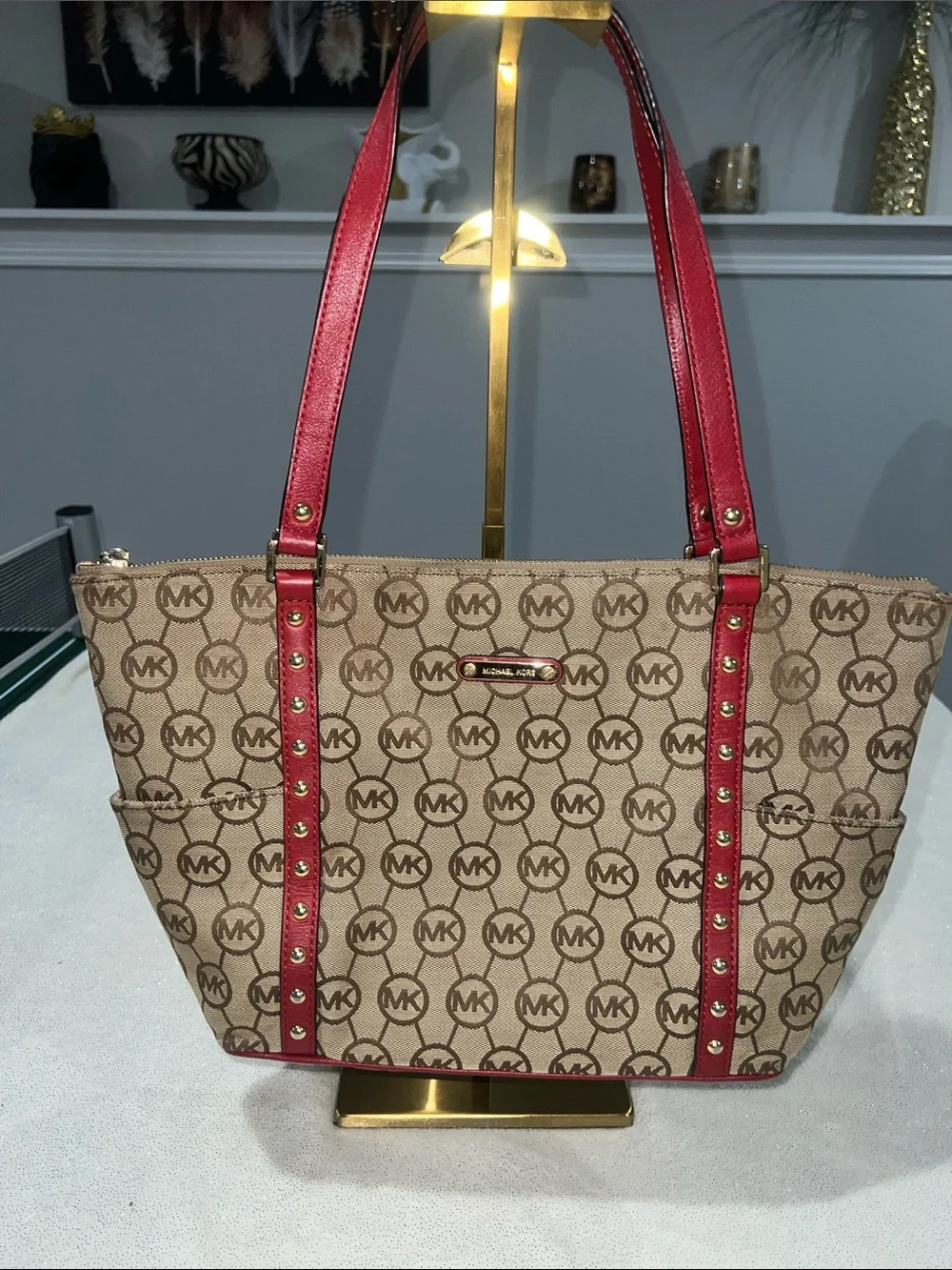 Michael Kors Signature MK Logo Tote – Red Leather Studded Trim